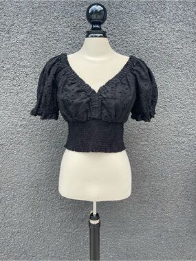 Black Eyelet Puff Sleeve Smocked Elastic Waist Cotton Top